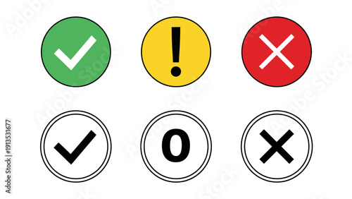 Set of circular status icons showing check, warning, and cross symbols for UI design.