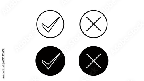 Set of circular check mark and cross icons in outline and filled styles for UI design.