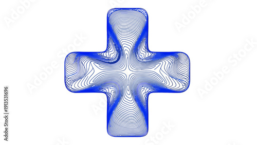 Blue abstract medical cross symbol with glowing interior patterns and symmetrical design.