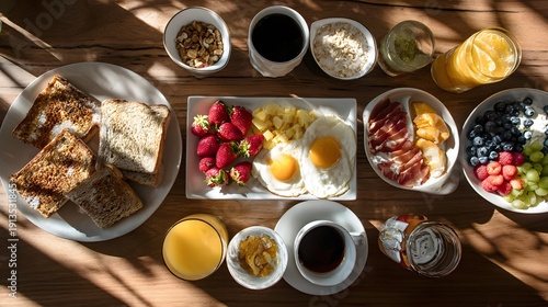 Wallpaper Mural Morning food photography delicious breakfast with fresh fruits and coffee on wooden table Torontodigital.ca