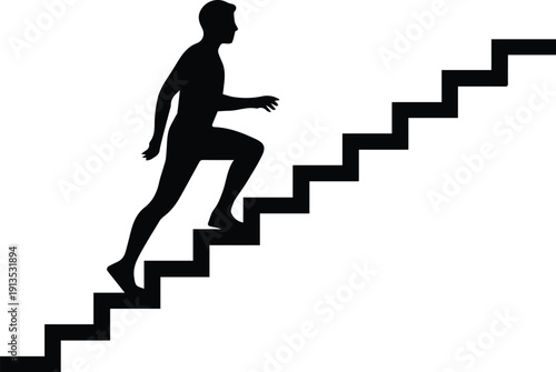 Minimalist black person climbing stairs upward silhouette vector icon