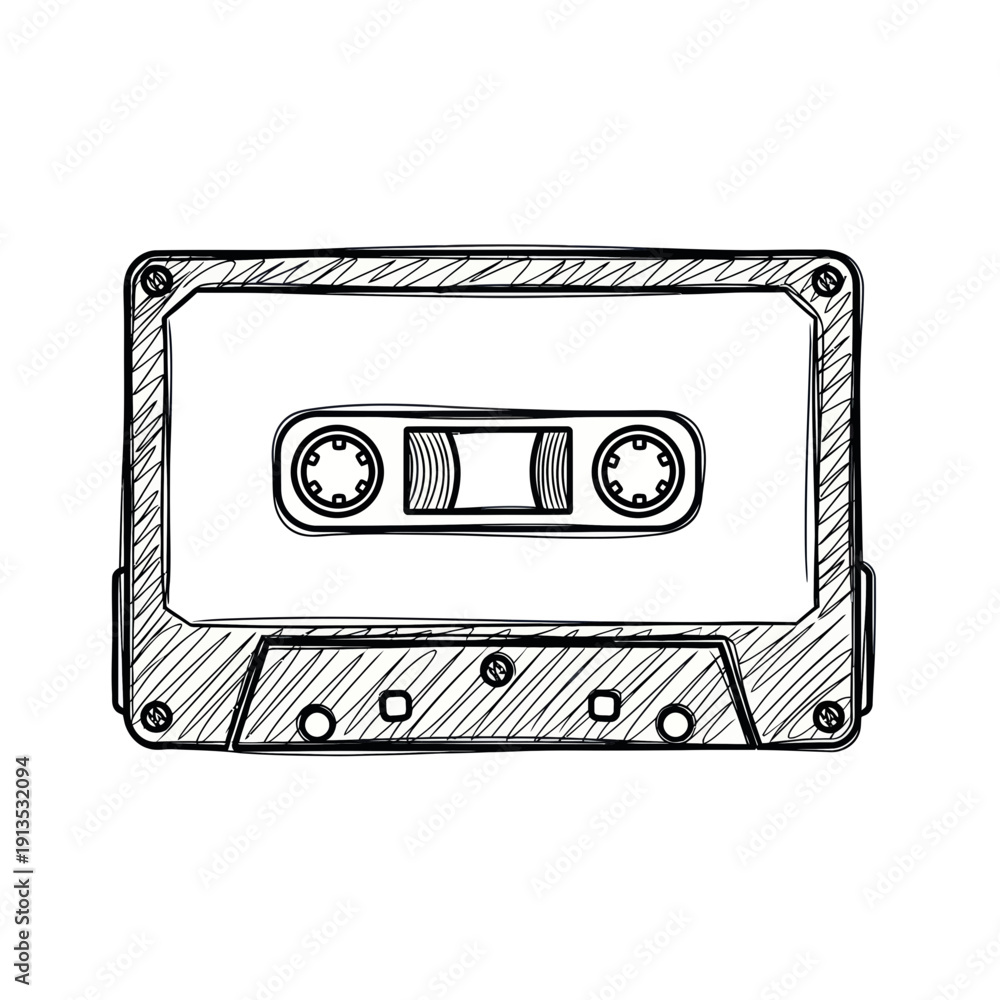 Fototapeta premium Retro cassette tape sketch, vintage audio recording, nostalgia symbol