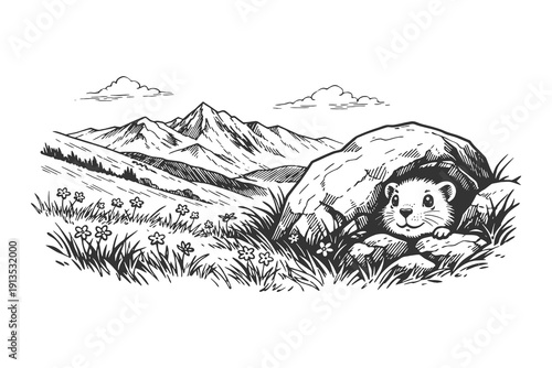 Vintage hand drawn engraving of a cute marmot or rodent peeking out from a stone burrow in a mountain meadow, nature wildlife vector illustration.