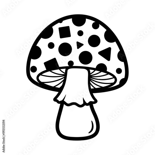 Whimsical Mushroom with Geometric Patterns - Black and White Vector Illustration
