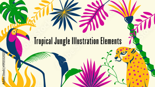 Tropical Jungle Illustration Elements – Exotic Plants with Toucan and Cheetah Flat Design