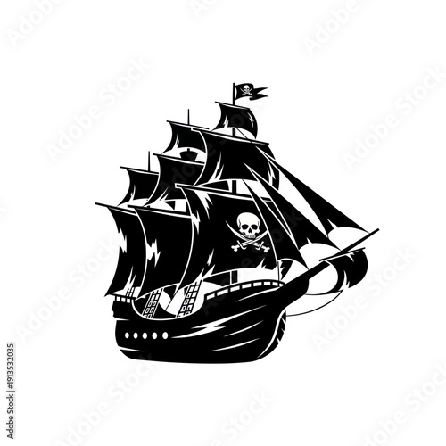 Black Pirate Ship Silhouette with Jolly Roger Flag, Vector Illustration