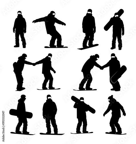 Set of snowboarder silhouettes with goggles shaking hands and posing