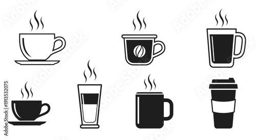 Hot Coffee Cup Icons Set - Different Styles and Designs