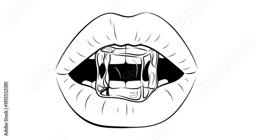 Open Mouth with Ice Cube Between Teeth, Black and White Line Art Illustration