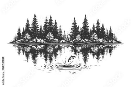 Vintage hand drawn engraving of a dense pine forest reflected in a calm lake with a fish jumping from the water, serene nature vector illustration.
