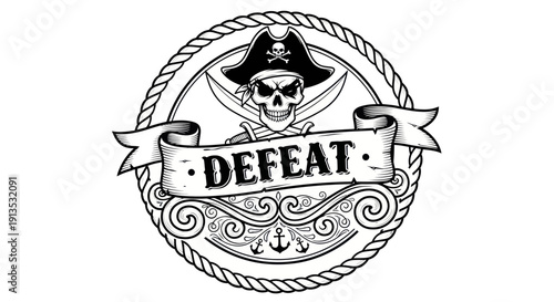 Pirate Skull Emblem with 'Defeat' Banner and Crossed Cutlasses