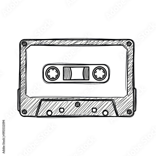 Retro cassette tape sketch, vintage audio recording, nostalgia symbol