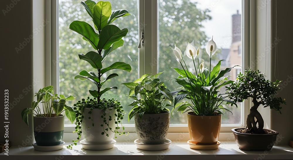 Fototapeta premium Serene Window Sill Garden - Lush Green Plants Bathed in Soft Natural Light.