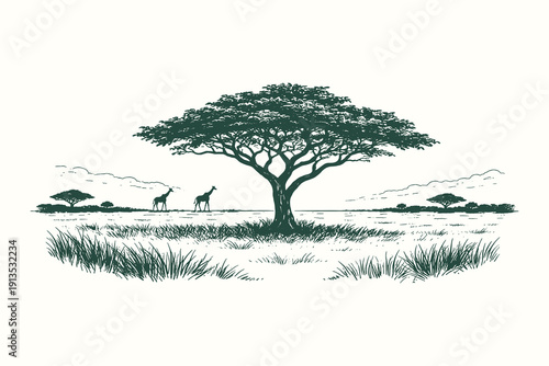 Vintage hand drawn engraving of a spreading acacia tree and giraffes in the vast african savanna plains, safari nature vector illustration background.