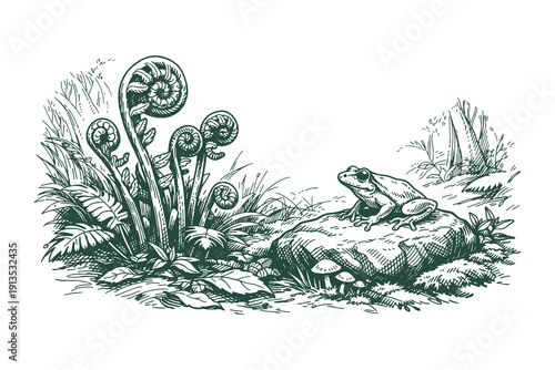 Vintage hand drawn engraving of a small frog sitting on a rock surrounded by unfurling fern leaves and mushrooms, botanical forest vector illustration.