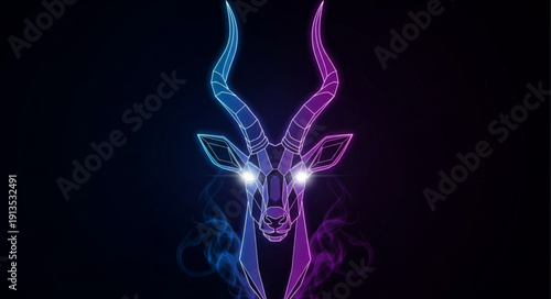 Abstract Neon Antelope Head with Glowing Eyes and Smoke.
