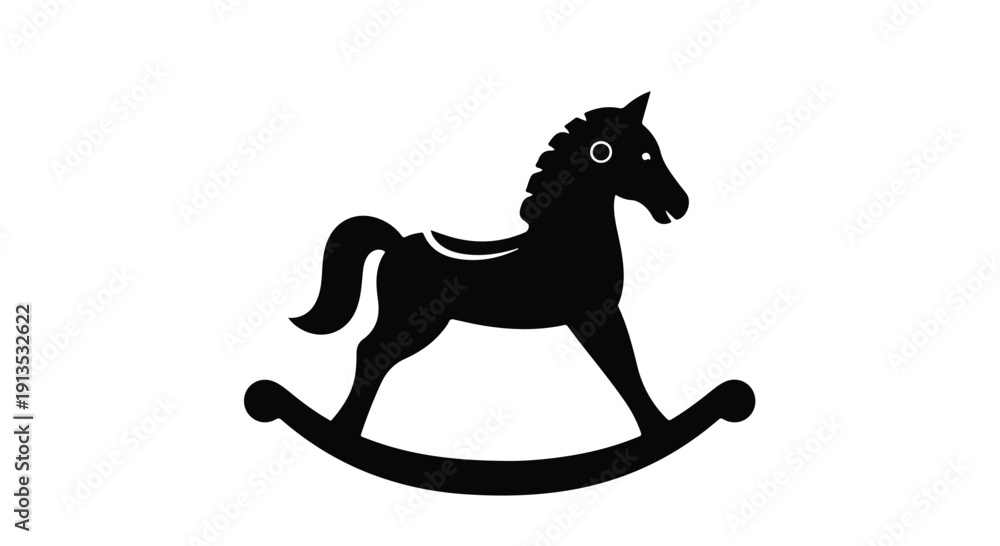 Fototapeta premium Silhouette of a black rocking horse on a plain white background, representing childhood, play, and nostalgia for graphic design projects.
