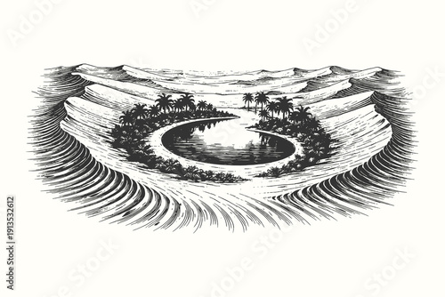 Vintage hand drawn engraving of a hidden oasis with palm trees and a small pond surrounded by rolling sand dunes, desert landscape vector illustration.