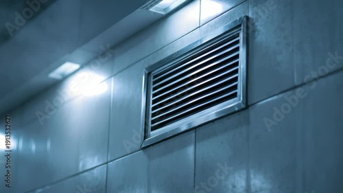 Modern ventilation system installed on a tiled wall with visible steam and dramatic lighting in an industrial interior. Airflow and humidity control concept for contemporary buildings