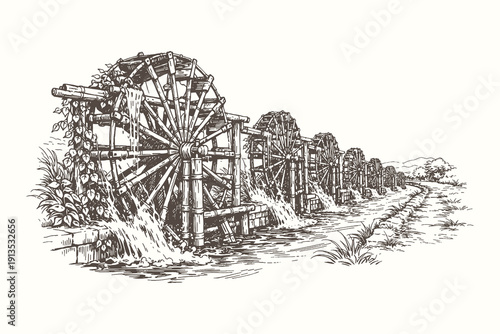 Vintage hand drawn engraving of a series of traditional wooden water wheels along a stream, rustic industrial farming vector illustration background.