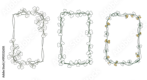Set of Three Minimalist Line Art Shamrock Frames,  A set of three simple and clean line art shamrock frames, suitable for minimalist St. Patrick's Day designs.
