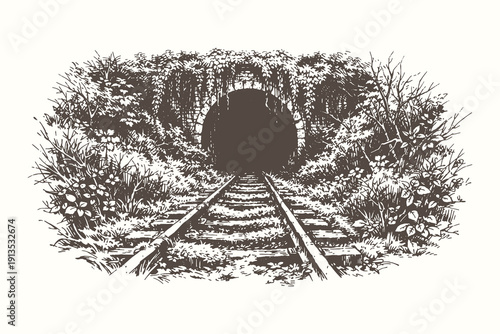 Vintage hand drawn engraving of an abandoned railway tunnel overgrown with wild plants and bushes, mysterious underground vector illustration.