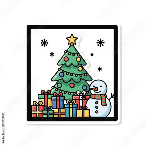 A snowman beside a decorated Christmas tree with gifts