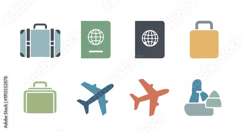 Travel and Transportation Icons Luggage, Passports, and Airplanes for Your Journey