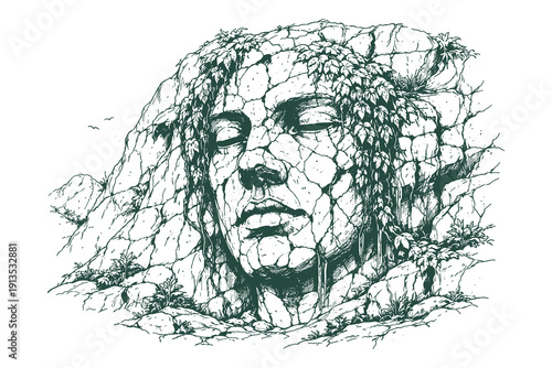 Vintage hand drawn engraving of a mystical human face carved into a massive rocky cliff covered in vines, surreal fantasy nature vector illustration.