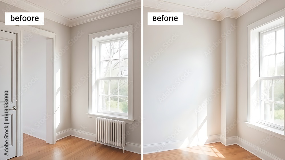 Fototapeta premium upgrade. Interior corner comparison showcasing renovation changes, framed with natural window light and clean architectural lines. real-estate listings.