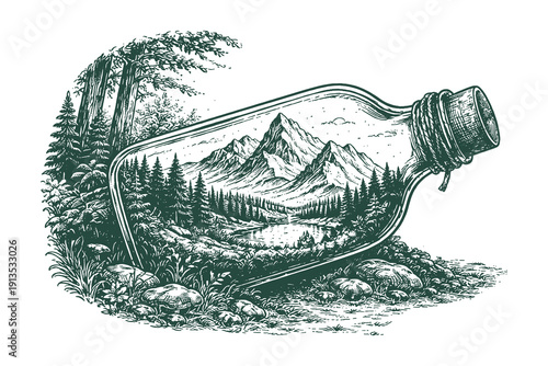 Vintage hand drawn engraving of a detailed mountain and forest landscape inside a glass bottle, creative fantasy nature vector illustration sketch.