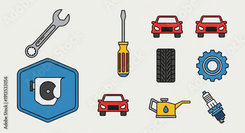 Automotive repair tools and car parts illustration.