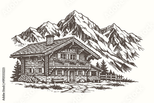 Vintage hand drawn engraving of a rustic wooden alpine chalet house in the mountains, traditional European cottage architecture vector illustration.