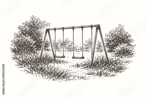 Lonely abandoned swing set in a field of tall grass and bushes, vintage hand drawn engraving style vector illustration of a forgotten playground.