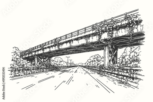 Massive concrete flyover bridge above a highway with overgrown plants, vintage hand drawn engraving style vector illustration of urban infrastructure.