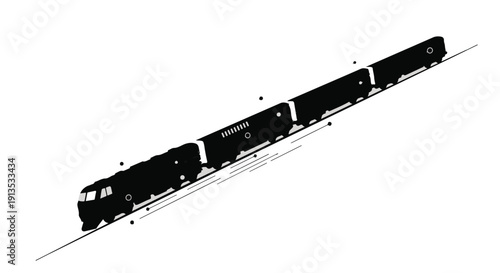 Silhouette of a long train traveling uphill on a track on a white background