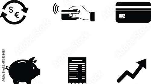 Financial and banking icons including currency exchange hand holding card credit card piggy bank receipt and growth chart