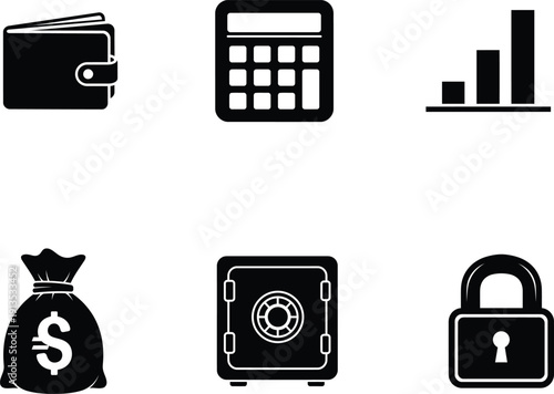 collection of finance and security icons including wallet calculator and lock