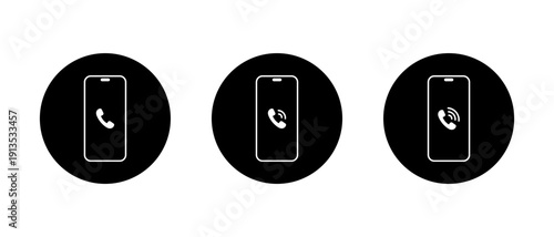Smartphone call notification icon set in black circle. Mobile calling symbol. Ringing telephone on cellphone screen sign