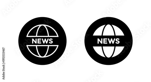 World news globe icon in black circle. Media broadcast symbol. Worldwide information sign