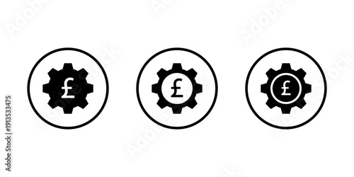 Pound gear icon set in circular outline. British finance settings symbol. Uk currency management sign