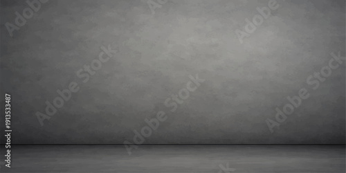 Empty dark grunge room featuring a textured gray concrete wall and floor with an old vintage design for a blank interior backdrop