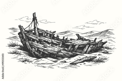 Wrecked wooden ship stranded on a sandy shore with distant mountains, vintage hand drawn engraving style vector illustration of a shipwreck.