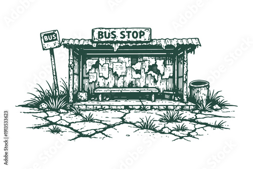 Ruined and abandoned bus stop with tattered posters and cracked pavement, vintage hand drawn engraving style vector illustration of urban decay.
