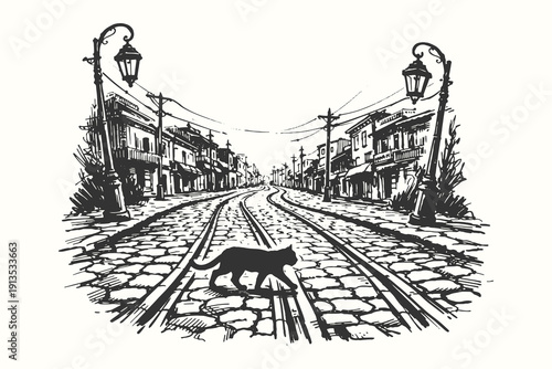 Vintage hand drawn engraving of a black cat crossing an empty cobblestone street with old buildings and lampposts, moody urban vector illustration.