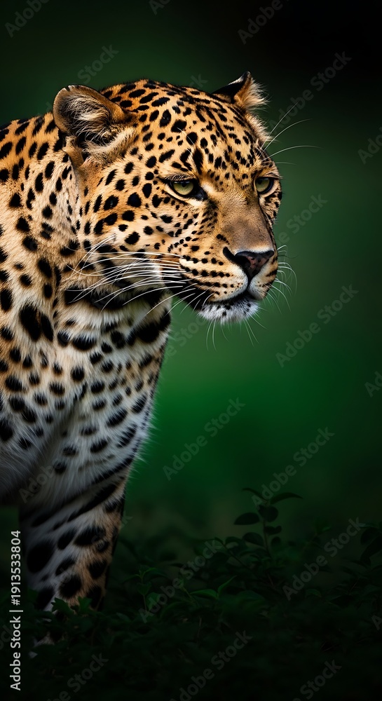 Fototapeta premium Close-up of a Leopard in Dark Forest.