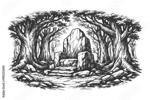 Ancient stone throne sitting in the middle of a dark mystical forest, vintage hand drawn engraving style vector illustration of a fantasy throne room.