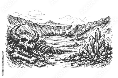 Post apocalyptic wasteland with a giant horned skull and crystal formations, vintage hand drawn engraving style vector illustration of a fantasy valley.