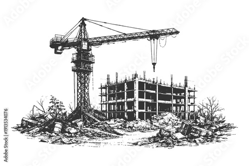 Hand drawn construction site with a tall crane and unfinished building frame, vintage industrial engraving style vector illustration of urban growth.