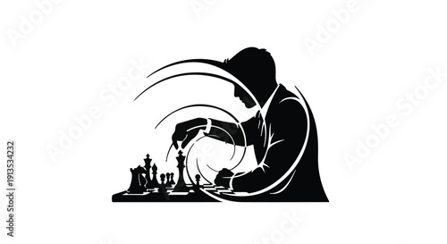 Focused man contemplating a strategic chess move with swirling energy lines